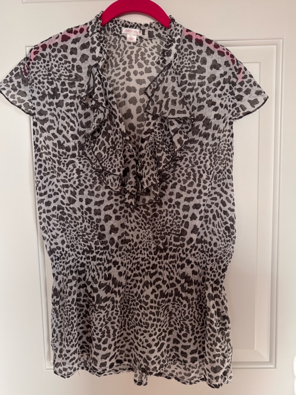 Xhilaration Grey & White Leopard Ruffle V-Neck Semi Sheer Blouse